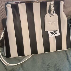 Sylvia Mollie Black and White Striped KISS Lock Women's Bag
